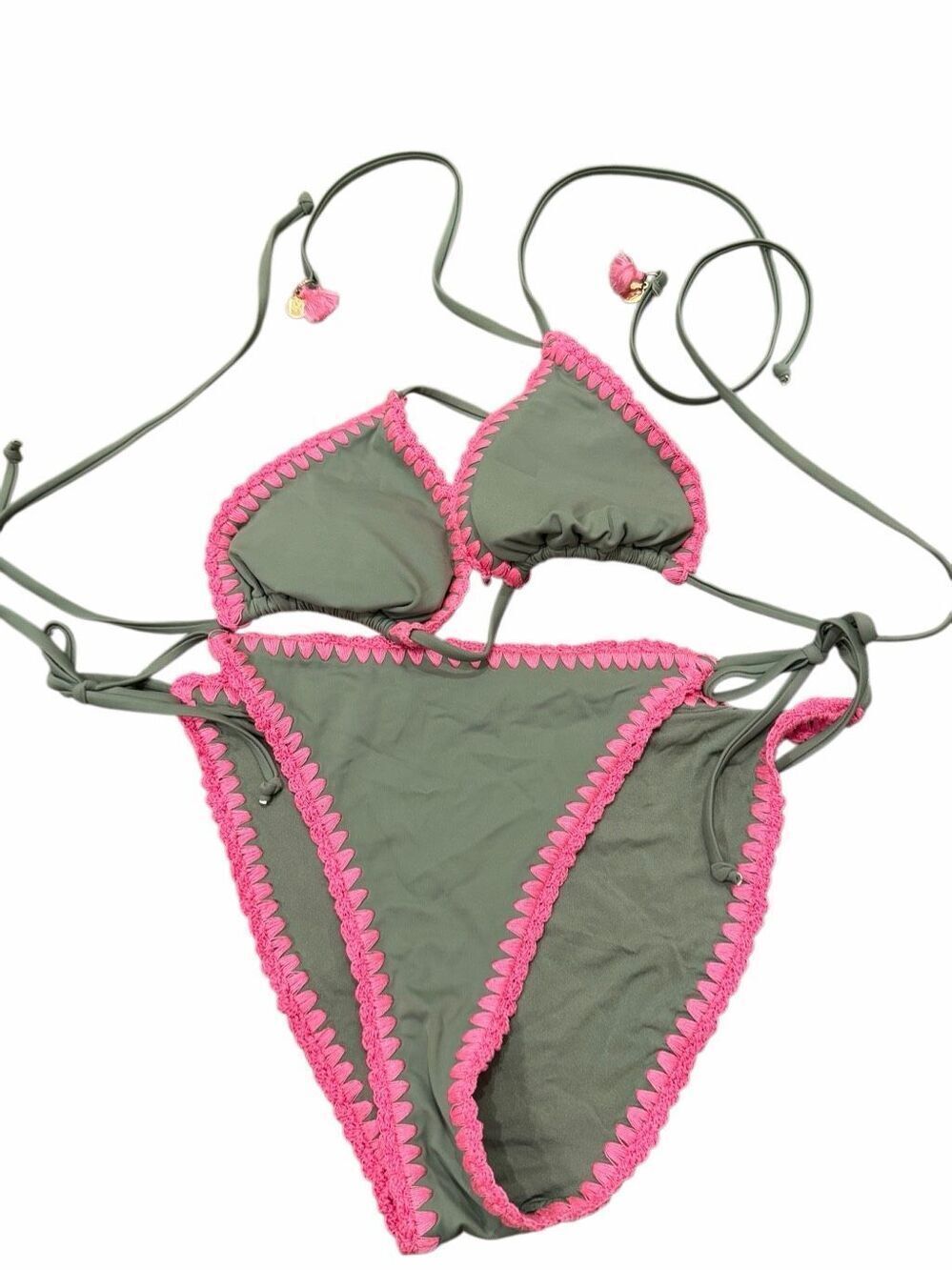 Milly bright pink embroidered green bikini swim suit- size L
